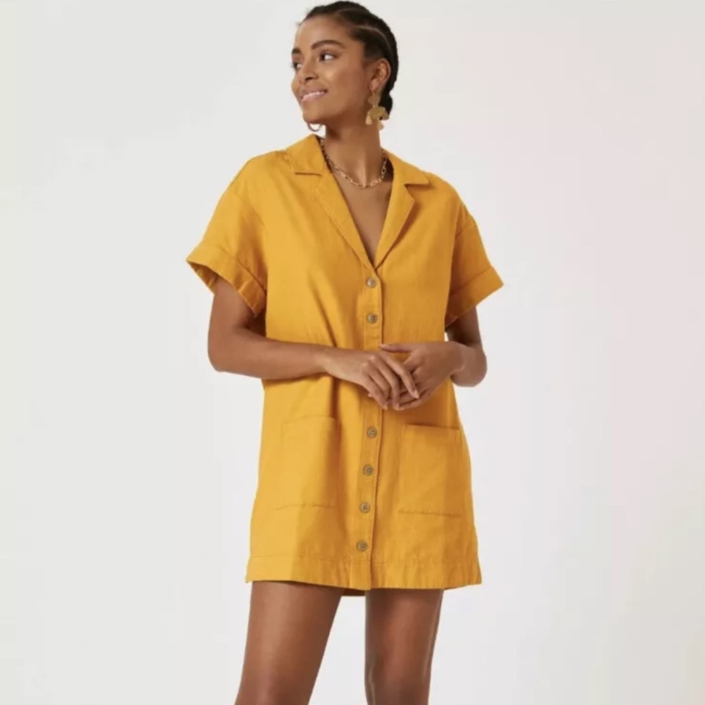 Anthropologie Pilcro Button Down Shirt Dress Gold Pocket Short Sleeve Sz Small